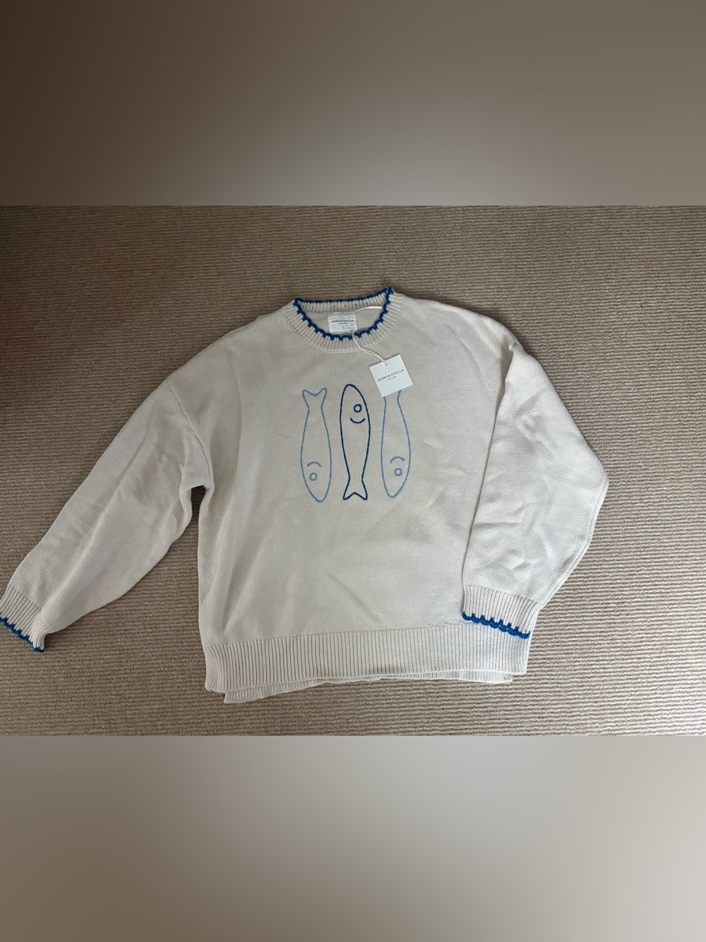 Soho & Stella Cream Knit Sweater with Blue Fish Motif